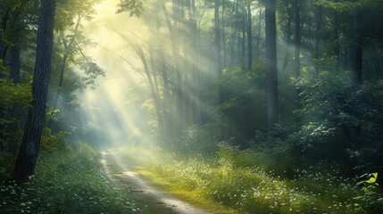  a dirt road in the middle of a forest with sunbeams shining through the trees and grass on both sides of the road is a dirt path with white flowers and green grass on both sides.