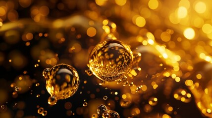 Gold drops on a dark background. Fragments of golden liquid