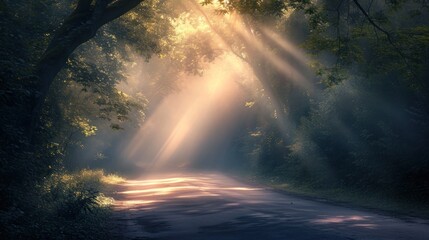  a road in the middle of a forest with sunbeams shining through the trees on either side of the road is a paved road with a paved surface and trees on both sides.