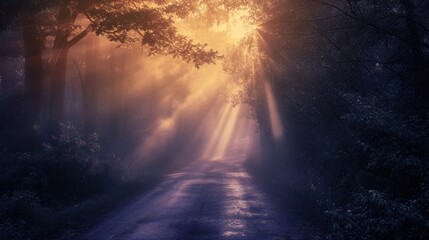  a road in the middle of a forest with sun rays coming through the trees on either side of the road and on the other side of the road is a dirt road.