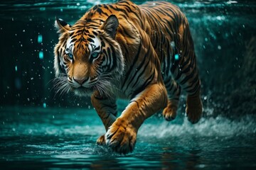 Siberian tiger running in water with rain drops. Animal in natural habitat. - obrazy, fototapety, plakaty