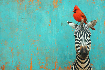 Zebra mit einem Vogel auf dem Kopf - obrazy, fototapety, plakaty