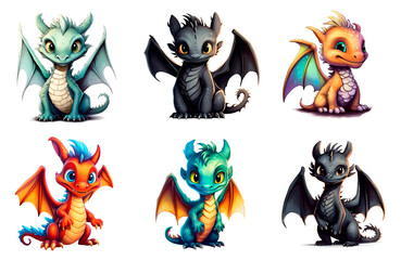 Set of drawings of cute dragons on a white background