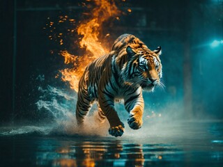 Siberian Tiger in the water at night with fire background.