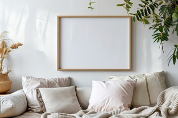 Minimal White Living Room Interior with Blank Poster Frame,Clean and Minimal Living Room with Empty Frame Mock-up