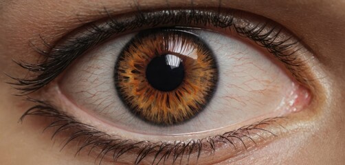  a close up of a person's eye with a brown and yellow iris in the center of the eye and a black spot in the center of the iris of the eye.