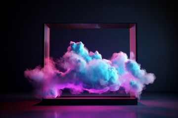 Stylish backdrop with cloud formation, blue and purple hues, framed in a neon rectangle. Generative AI