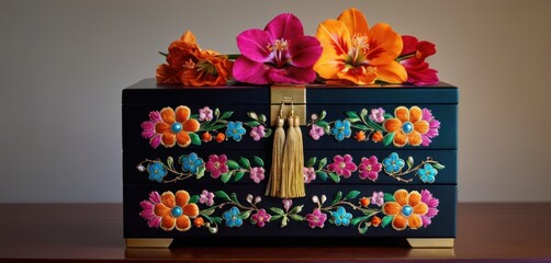  a chest of drawers decorated with flowers and a tassel of a tassel of a tassel of a tassel of a tassel on top of it.
