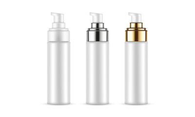 Set Of Blank Airless Pump Bottles With Plastic, Metallic, Golden Caps, Isolated On White Background. Vector Illustration