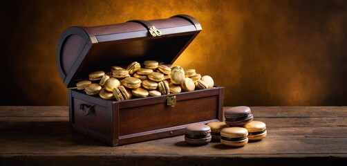  a wooden box filled with cookies sitting on top of a table next to a wooden box with gold foiled cookies on top of it and a wooden table next to it.