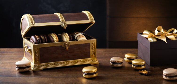  a wooden box filled with macaroons next to a box of macaroons and a box of macaroons with gold trimmings on a wooden table.
