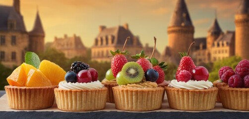  a row of cupcakes topped with fruit on top of a table in front of a castle with a castle in the back ground and a sky filled with clouds.