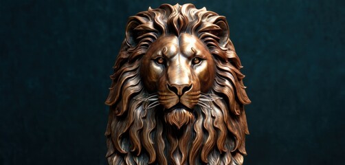  a close up of a statue of a lion's head on a black background with a dark green wall in the backround of the lion's head.