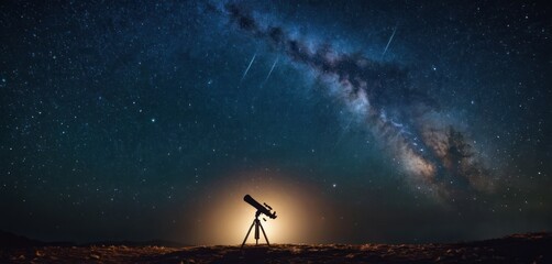  a telescope on a tripod in the middle of a field under a night sky filled with stars and a bright light in the middle of the foreground is a bright star. - obrazy, fototapety, plakaty