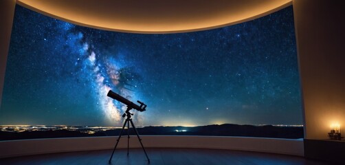  a telescope on a tripod in a room with a view of the night sky and the stars in the sky over a city and a mountain range in the distance.