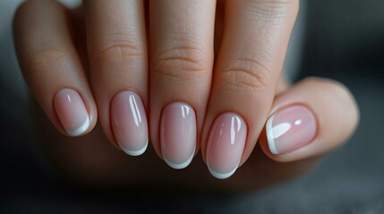 Close-up of well-manicured hands showcasing a timeless French manicure with a soft pink base and white tips. [French manicure, well-groomed women's hands with delicate and elegant  - obrazy, fototapety, plakaty