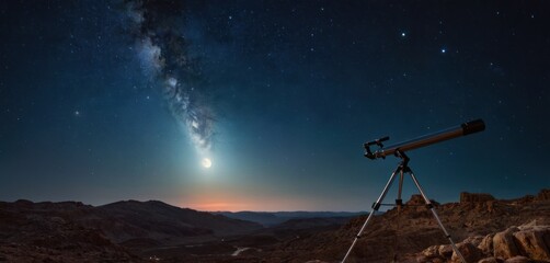  a telescope sitting on top of a tripod in the middle of a desert under a night sky filled with stars and a large object in the middle of the distance.