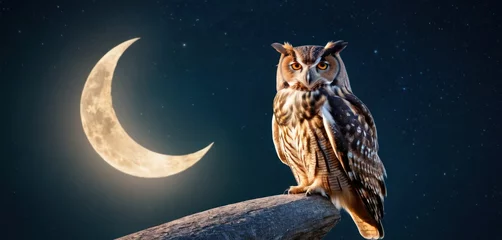 Foto op Canvas  an owl sitting on top of a rock in front of a moon and a sky full of stars and the moon in the background is lit by a single light. © Jevjenijs