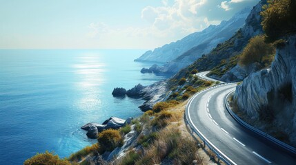  a road on the side of a cliff next to a body of water with a cliff on the side of it and a body of water on the other side of the road.