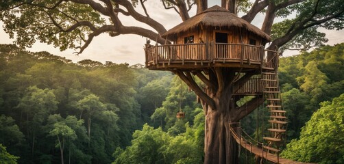  a tree house in the middle of a forest with a spiral staircase going up the side of the tree to the upper level of the treetop of the tree. - obrazy, fototapety, plakaty
