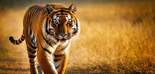  a tiger walking down a dirt road in the middle of a field of tall grass with tall brown grass on both sides of it's face and a blurry background.