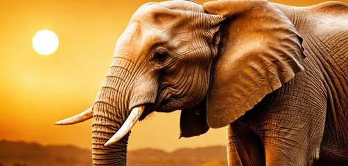  an elephant with tusks standing in front of a sunset with the sun in the background and a mountain range in the foreground with a bright yellow sky.