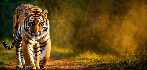  a tiger walking down a dirt road in front of a wooded area with trees in the back ground and grass on the side of the road and grass on the other side of the road.