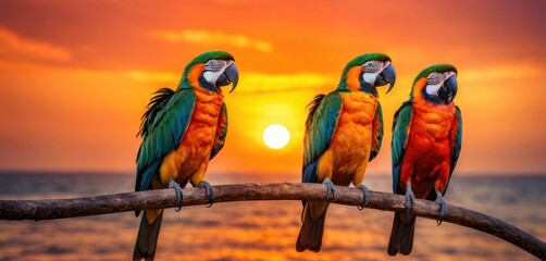  two colorful parrots sitting on a branch in front of a sunset over the ocean with the sun setting in the background and the ocean in the foreground, the foreground.