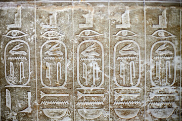 A hieroglyphic carving from the wall of Unis pyramid with Pyramid Texts with vertical lines with...