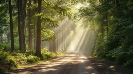 Fototapeta premium a dirt road in the middle of a forest with sunbeams shining through the trees on either side of the road is a dirt road with green grass and trees on both sides.
