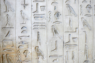 Vertical lines of hieroglyphic text from the pyramid of Unis containing parts of the oldest religious corpus in the world - the Pyramid Texts - Saqqara, Egypt