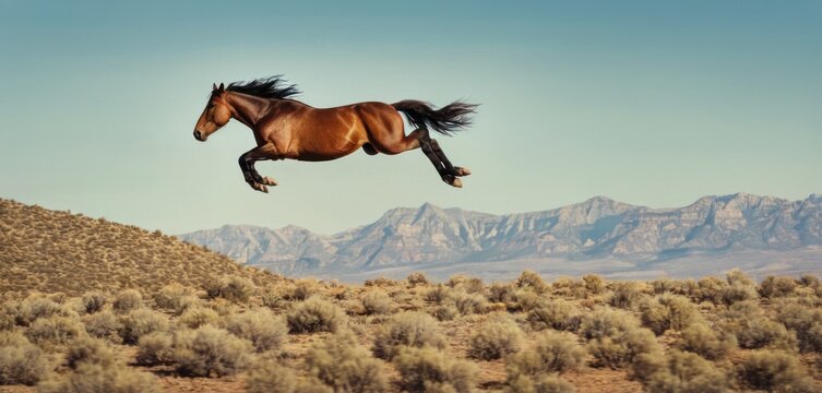  a horse is jumping in the air in front of a mountain range with a few bushes and bushes in the foreground and a blue sky with a few clouds in the background.