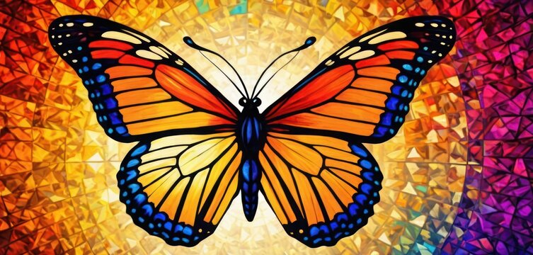  a painting of a butterfly on a multicolored background with a sunburst in the middle of the picture and the bottom half of the image in the frame.