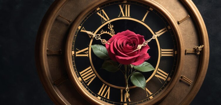  a close up of a rose on a clock with roman numerals and roman numerals on the face of the clock with roman numerals and roman numerals.