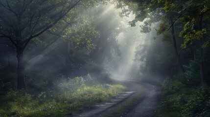  a dirt road in the middle of a forest on a foggy day with sunbeams shining through the trees and the road is surrounded by tall grass and trees.