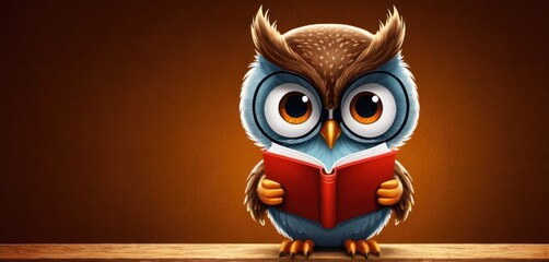  an owl is reading a book while sitting on a table with it's eyes open and it's head turned to look like it's reading a book.