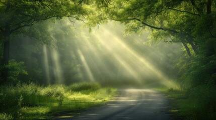  a road in the middle of a lush green forest with sunbeams shining through the trees on either side of the road is a paved road with grass and trees on both sides.