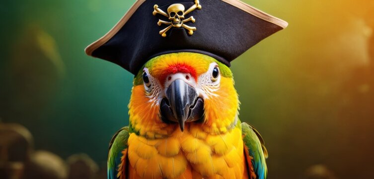  a colorful parrot wearing a pirate's hat with a skull and crossbones on it's head and a pirate's eye patch on it's forehead.