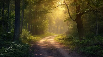  a dirt road in the middle of a forest with sunbeams shining through the trees on either side of the road is a lush green forest with lots of trees on both sides.
