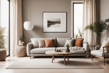 Fototapeta premium Bohemian interior home design of modern living room with beige sofa and rustic wooden table with beige stucco wall