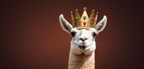  a close up of a llama with a crown on it's head, wearing a knitted sweater and a knitted crown on it's head.