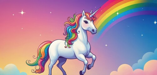  a white unicorn standing on top of a lush green field under a rainbow colored sky with stars and a rainbow - colored cloud in the middle of the sky with a rainbow.
