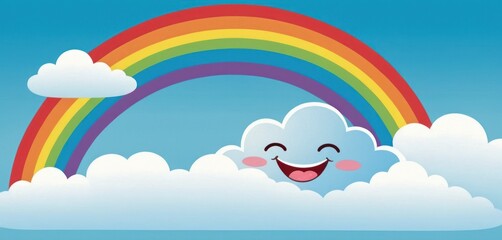  a rainbow in the sky with a smiling cloud in the foreground and a smiling cloud in the middle of the sky with a rainbow in the middle of the clouds.