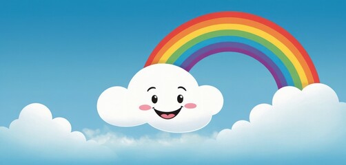  a cloud with a rainbow and a smiling face in the middle of a blue sky with clouds and a blue sky with a white cloud and a rainbow in the middle.