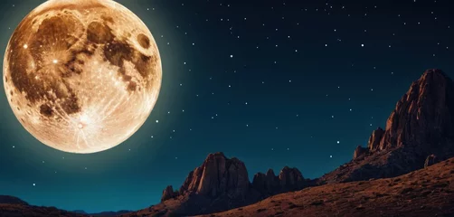 Papier Peint photo Pleine Lune arbre  a full moon in the night sky over a mountain range with a mountain range in the foreground, and stars in the sky above it, and a mountain range in the foreground.