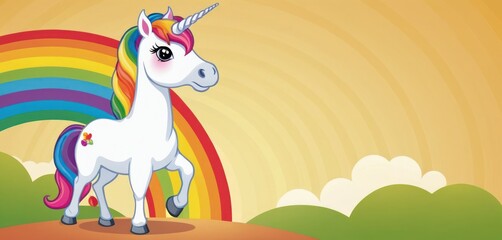  a cartoon unicorn standing on top of a hill with a rainbow in the sky behind it and a cloud in the sky in the foreground with a rainbow in the background.