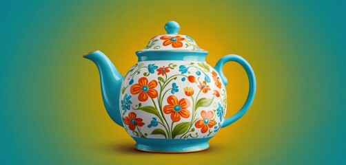  a painting of a teapot with flowers painted on the front of it, on a green and blue background, with a yellow border around the top of the teapot.