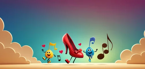 Foto op Canvas  a cartoon of a high heeled shoe surrounded by music notes and a pair of smiley face emoticions, on a background of a blue sky with clouds and sun. © Jevjenijs