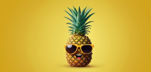  a pineapple wearing sunglasses with a smiley face drawn on it's side and a smiley face drawn on the other side of the pineapple, on a yellow background.