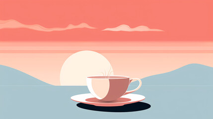 Illustration of a cup of coffee on a saucer on a brown background